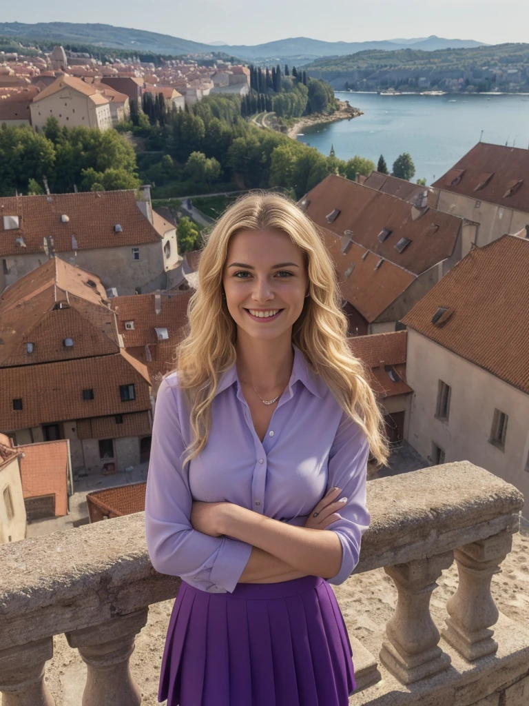 1 girl, solo, ((ugly:1.4)), ((Croatian woman)), sharp image, name is Sauri, (25 years old), (((consistent face and image))), (long blonde wavy hair), (((Croatian face and nose))), (upper body and upper legs)), (slim), (wearing purple blouse and skirt), (overlooking outside Burgundy picturesque landscapes), smiling, ((mature and smirking)), ((wide angle shot)), slender