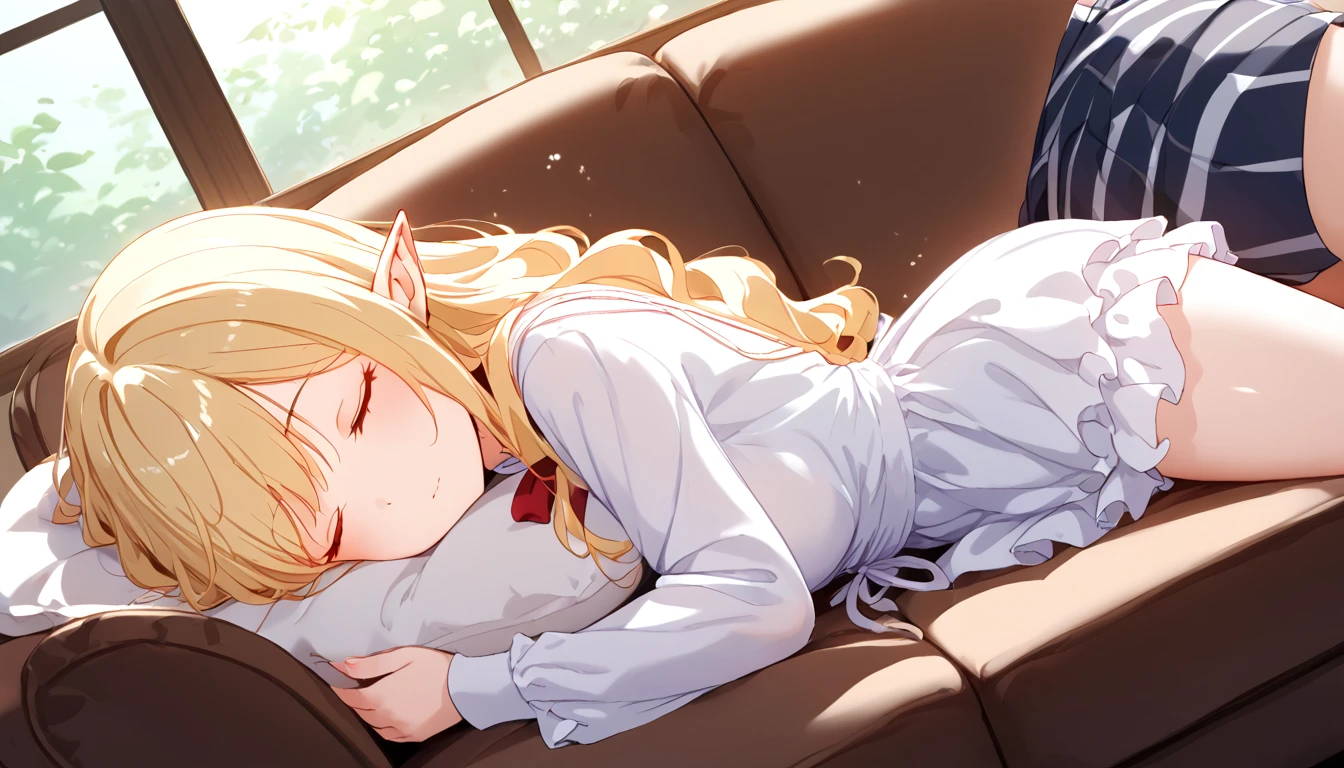 Japanese animation style、Digitally created illustration of an adult elf woman ????????????????? eyes closed on a sofa in a sunny coffee shop、She is wearing a frilly silk dress、????????????????? pet Shiba Inu、The Shiba Inu needs to sleep curled up next to her.、Relaxed facial expression、Long, loosely wavy blonde hair、Dappled sunlight coming through the window、The soft morning light shines in、Calm atmosphere、Detailed and clear drawing、Warm and gentle colors、Drawing from a top-down perspective