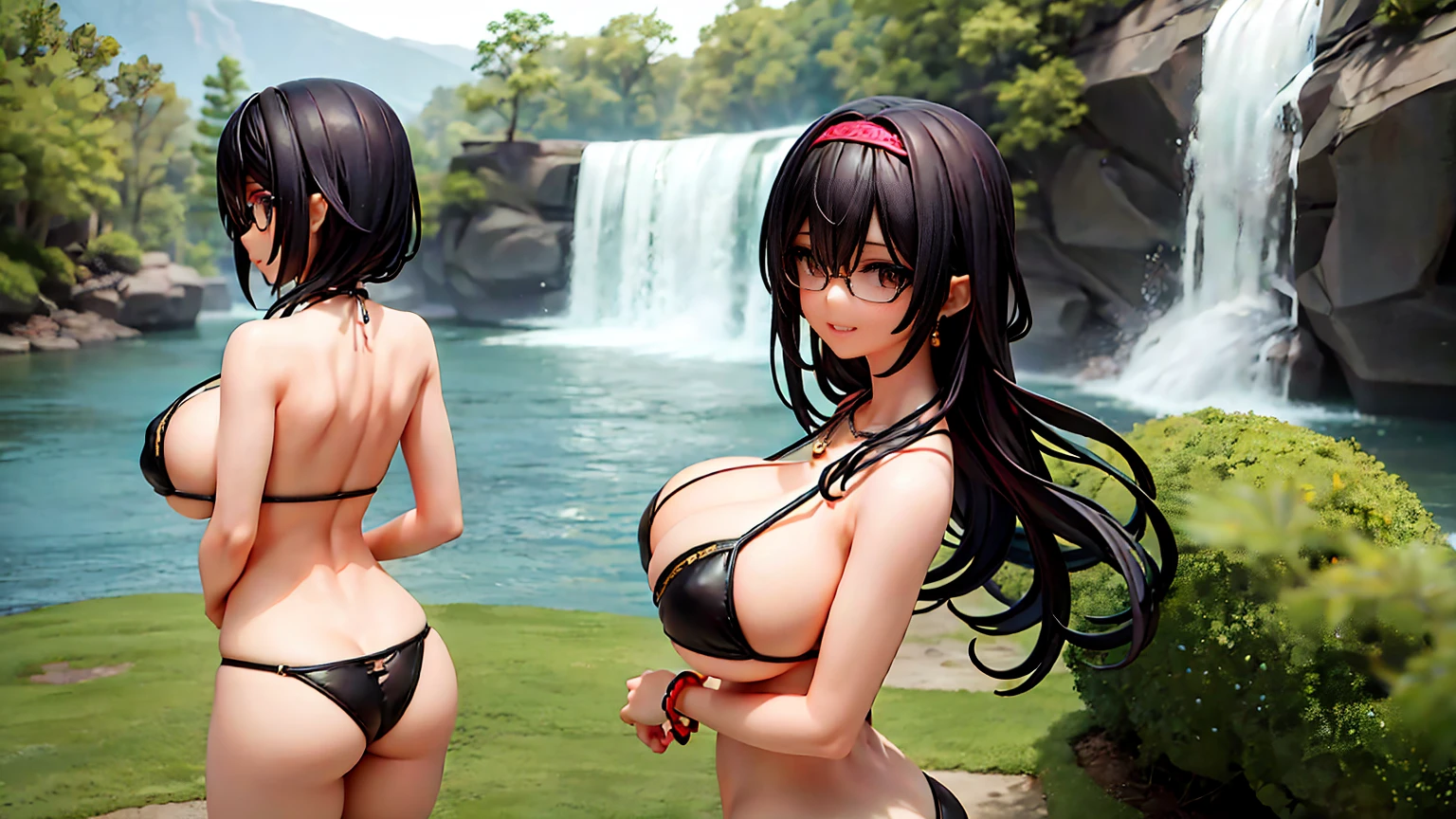 3girls, multiple girls, slender girls, GirlA, GirlB, girl next to girl, cowboy shot, from behind, ass, hugging,
posing, happy smile, teeth, ((standing)), walking, waterfall, island,
earrings, necklace, bracelet, lipstick,
4k, masterpiece, top-quality, hi-Res, best quality, absurdres, highly detailed,
BREAK, GirlA, young, doll face,
pixie-cut, short black hair, ears on view, round glasses,
(huge breasts:1.2), symmetrical breasts, blue micro bikini, string thong,
BREAK, GirlB, young, doll face, fit, atletic body, slender body, from back,
long black hair, hair band, round glasses,
(large breasts:1.2), symmetrical breasts, red micro bikini, string thong,