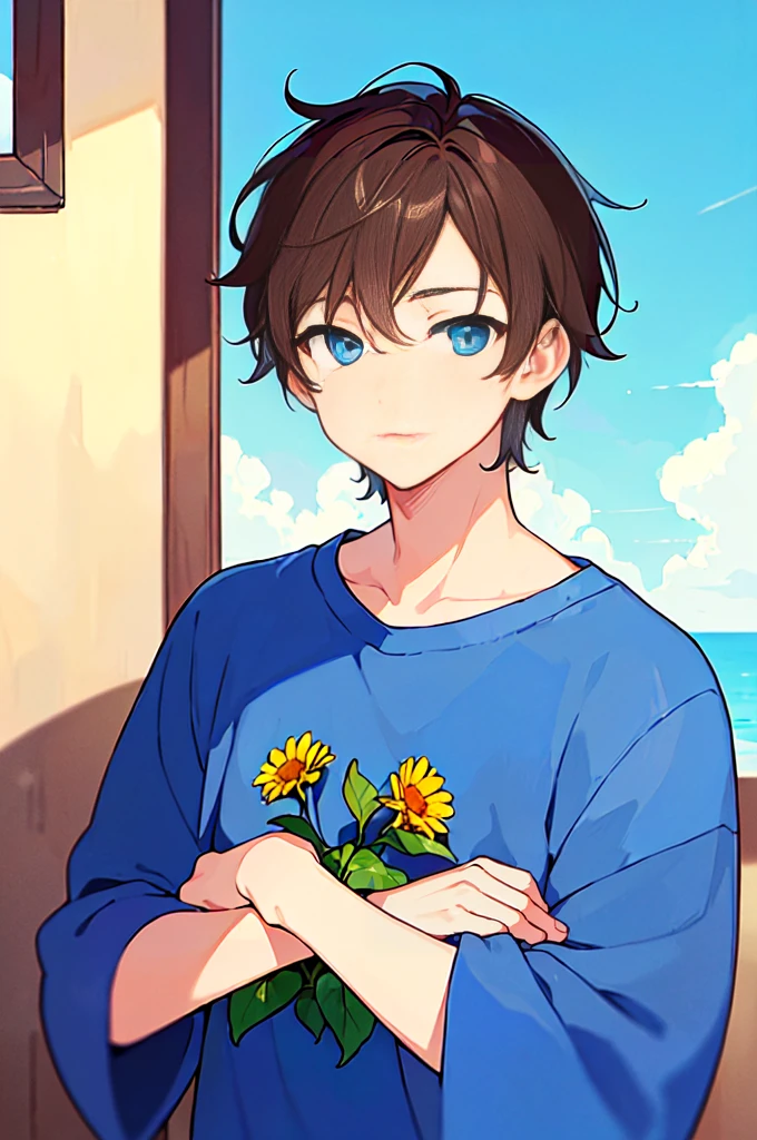 [(Vintage Room BACKGROUND:1.5),::5], (((masterpiece))), high quality, very_high_resolution, large_filesize, full color, Solo, (1  boy), 13 old's short brown hair), vivid color, Blue eye, summer clothes, upper body, anime style