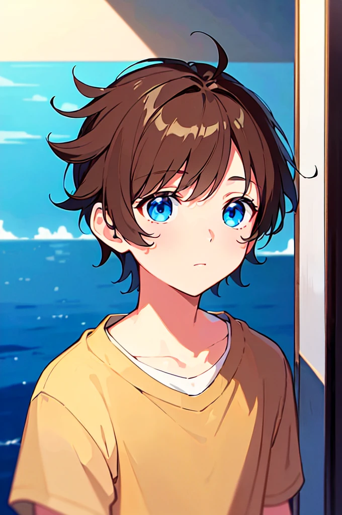 [(Vintage Room BACKGROUND:1.5),::5], (((masterpiece))), high quality, very_high_resolution, large_filesize, full color, Solo, (1 ), 13 old year, (men's short brown hair), vivid color, Blue eye, summer clothes, upper body, anime style