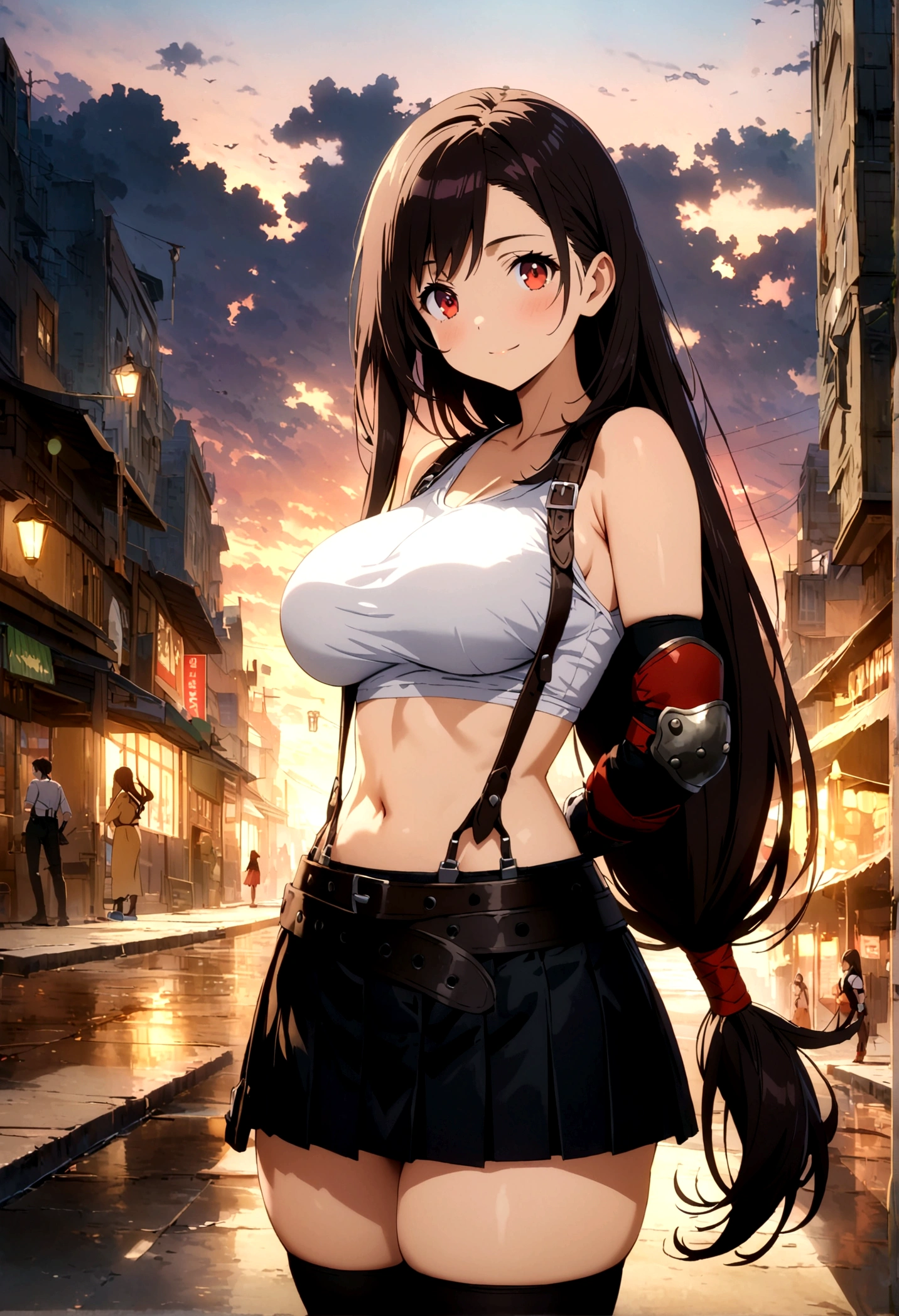 score_9, score_8_up, score_7_up,,BREAK , from front,from front,breast focus:1,front view.cinematic angle,standing,straight-on,(upperbody:1),looking_at_viewer ,1girl, tifa lockhart, final fantasy, tareme,black hair, low-tied long hair, red eyes, bangs, white tank top, belt, pleated skirt, thighhighs, elbow fingerless gloves, elbow pads, midriff, navel,suspender skirt ,large_breasts,(light smile),Curvy waist ,Solo,,(midnight and beachside and city),Toned. breast lift,hand on own hip,          anime style, key visual, vibrant, studio anime,
highly detailed,masterpiece, best quality,
best aestethic, absurdres,cinematic lighting,  