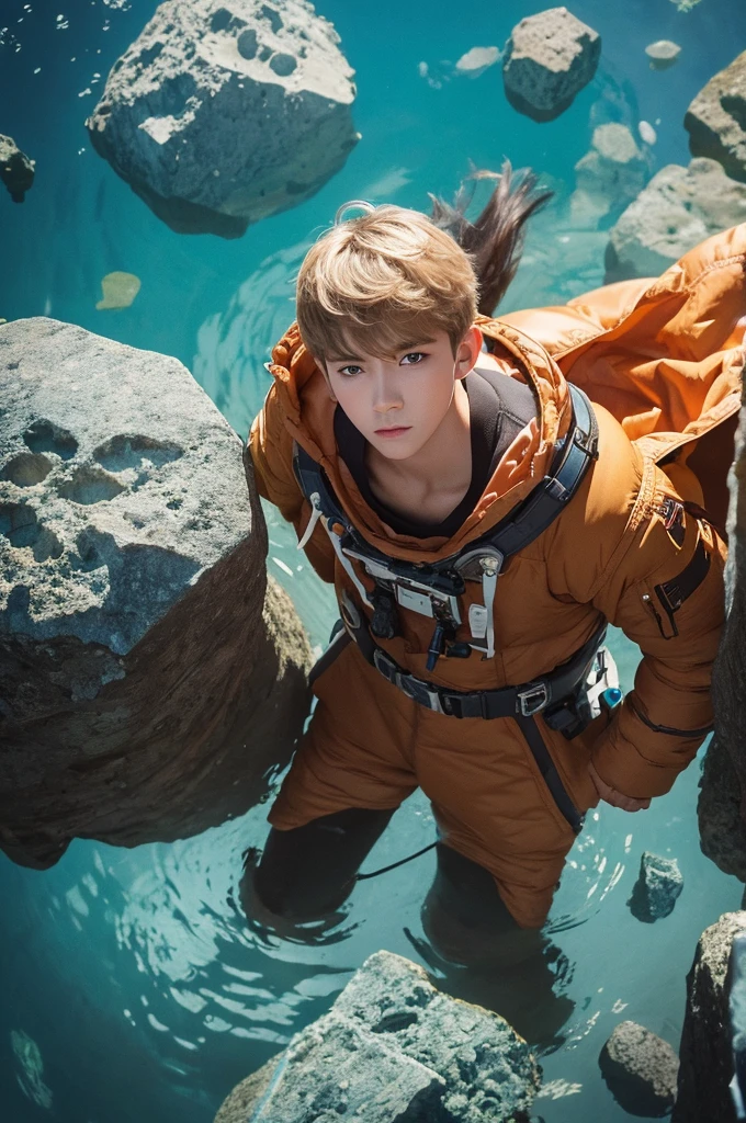 Ridiculous Resolutions, High resolution, (masterpiece:1.4), Very detailed, One boy, View from above, space, floating, - At six o'clock、Cat