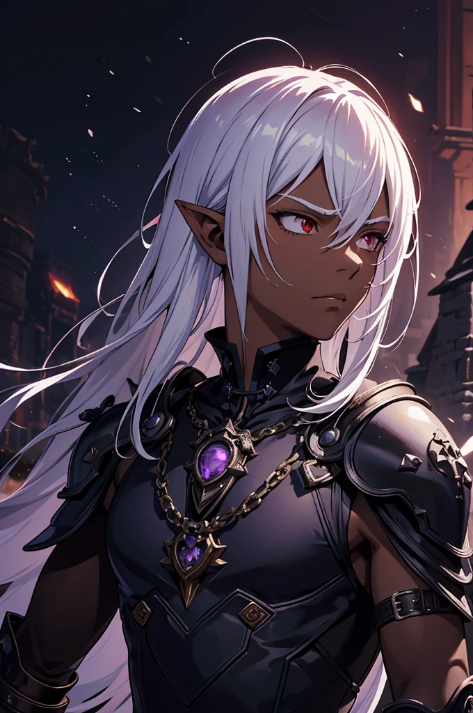 masterpiece, best quality, ultra high res, 1boy, dark theme, (mix between dungeonpunk and steampunk armor), (wearing armor)fantasy illustration, dark skinned, human, upper body, portrait, red eyes, long white hair, Xemnas from Kingdom Hearts, half-drow, pointy ears, serious face, young man, dramatic lighting, purple hue, art by Kinema Citrus and Tetsuya Nomura,