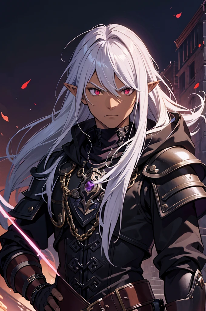 masterpiece, best quality, ultra high res, 1boy, dark theme, (mix between dungeonpunk and steampunk armor), (wearing armor)fantasy illustration, dark skinned, human, upper body, portrait, red eyes, long white hair, Xemnas from Kingdom Hearts, half-drow, pointy ears, serious face, young man, dramatic lighting, purple hue, art by Kinema Citrus and Tetsuya Nomura,