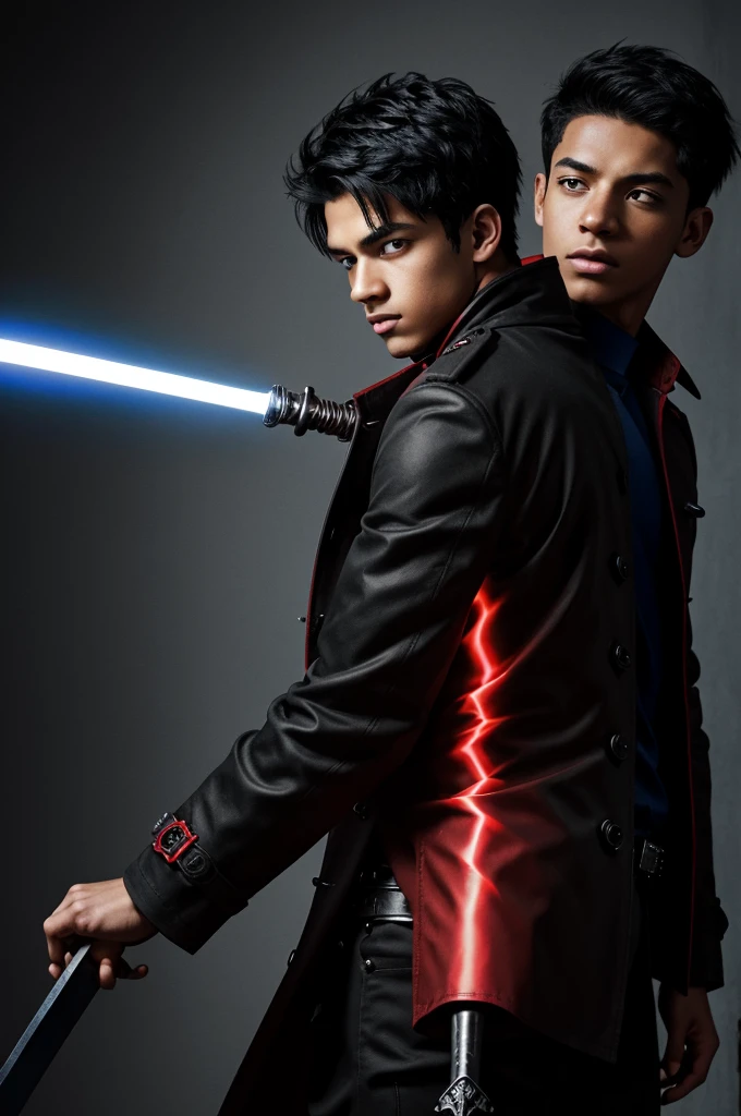 Make me a complete image of a 16-year-old boy, light skin, black hair with red tips, red eyes with yellow slanted pupils, he has a black trench coat with runes and metal plates, under it a blue shirt, black pants , black shoes and on his back a black sword with some red marks on the edge, the silver hilt, the red and black magician and the silver pommel.