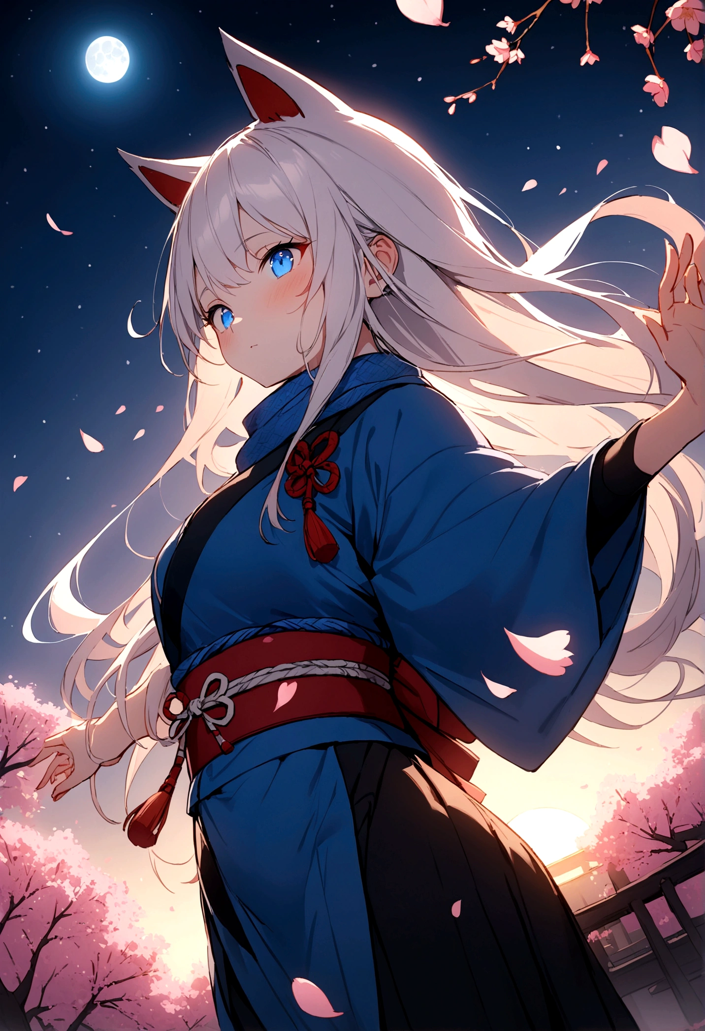 Climbing a cherry tree、(masterpiece, best quality:1.2), 1girl, 独奏,Wolf girl, fox mask, ninja, girl, long white hair, odd eyes, blue kimono, ninja girl, red and blue scarf,Dancing Cherry Blossoms,Full moon backlighting, light coming in, fantastic atmosphere.night、Shadows of light and darkness、Eyes glowing in the dark、Black fox mask、Fisheye Lens、Expansive starry sky、long hair that spreads、Overlooking the city from atop a large cherry tree、Aside exposure、Black fox mask