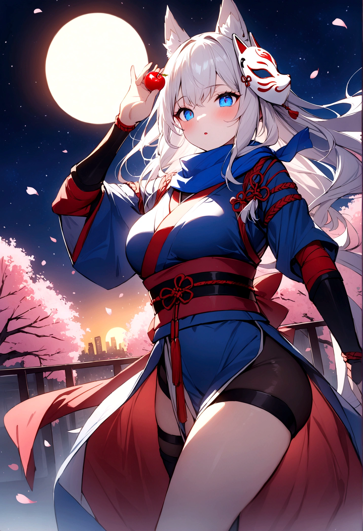 Climbing a cherry tree、(masterpiece, best quality:1.2), 1girl, 独奏,Wolf girl, fox mask, ninja, girl, long white hair, odd eyes, blue kimono, ninja girl, red and blue scarf,Dancing Cherry Blossoms,Full moon backlighting, light coming in, fantastic atmosphere.night、Shadows of light and darkness、Eyes glowing in the dark、Black fox mask、Fisheye Lens、Expansive starry sky、long hair that spreads、Overlooking the city from atop a large cherry tree、Aside exposure、Black fox mask