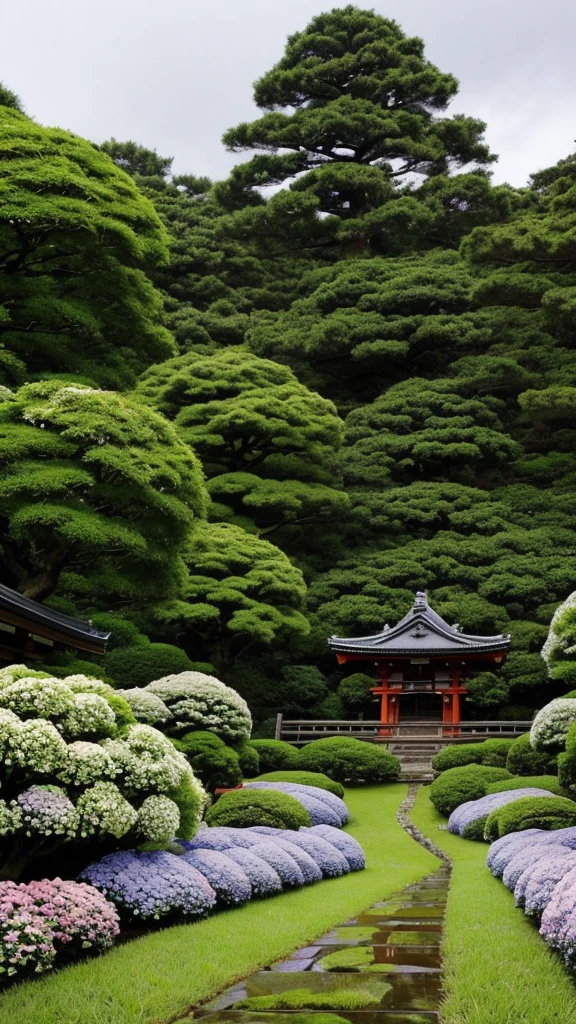Japanese Shrines　Rainy day　A view of many hydrangeas in bloom