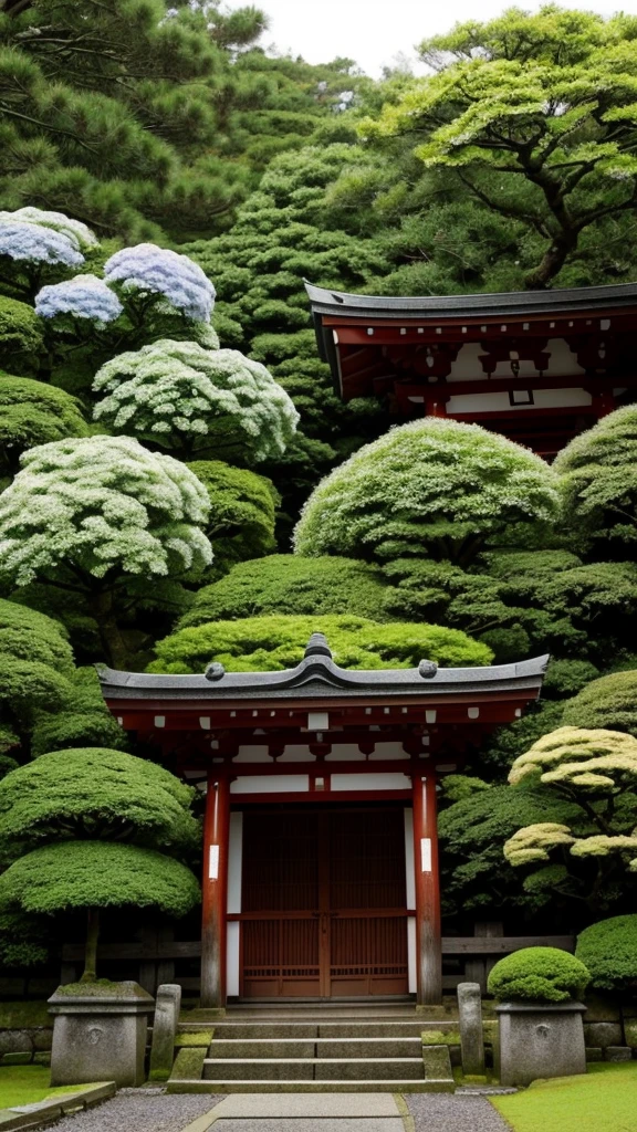Japanese Shrines Rainy day A view of many hydrangeas in bloom