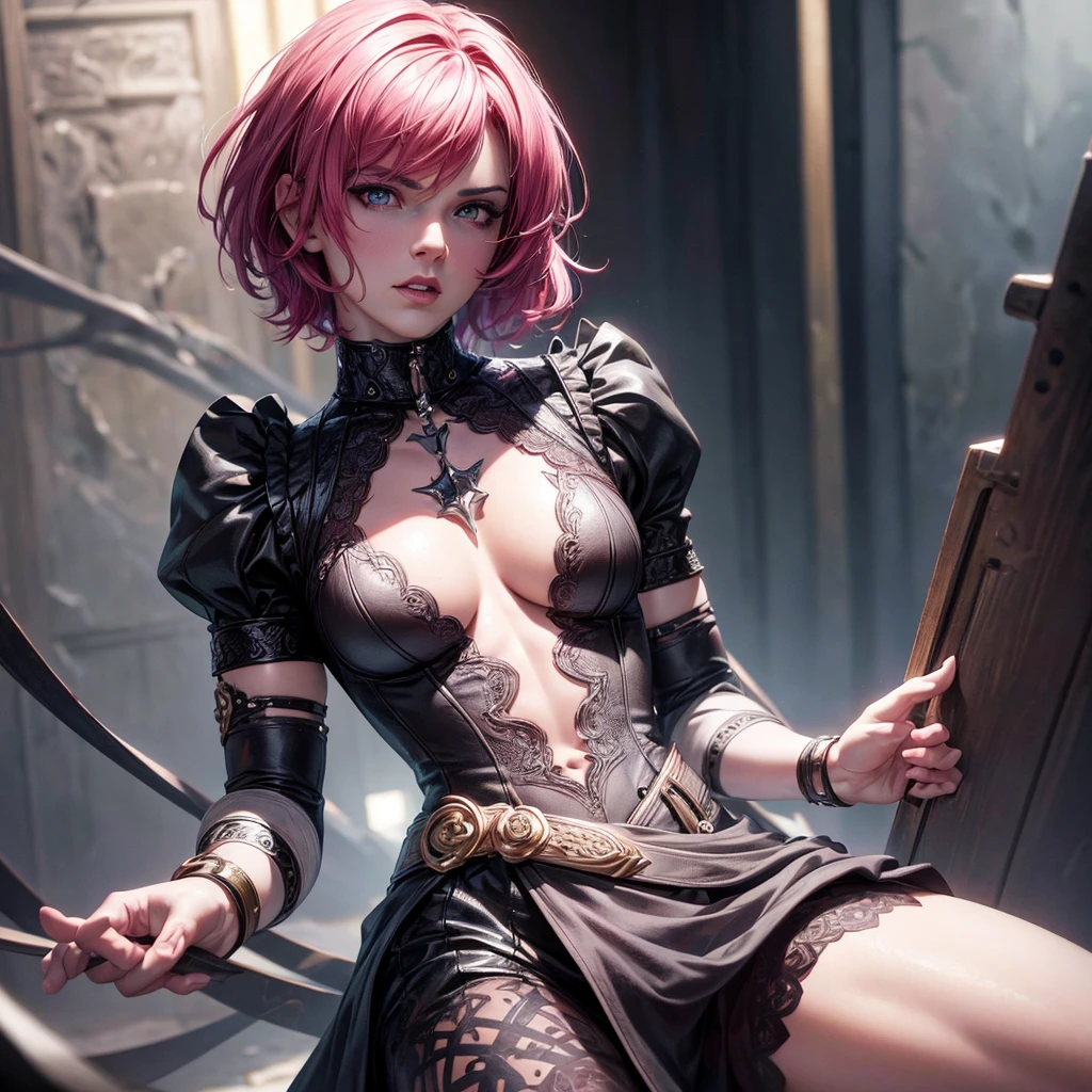 a muscular masculine man with short pink hair, wearing a gothic dress, androgynous face, (best quality,4k,8k,highres,masterpiece:1.2),ultra-detailed,(realistic,photorealistic,photo-realistic:1.37),extremely detailed eyes and lips,detailed skin and face,cinematic lighting,moody lighting,dramatic lighting,dramatic pose,detailed background,intricate pattern,vibrant colors