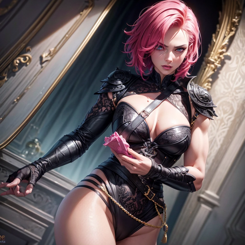 a muscular masculine man with short pink hair, wearing a gothic dress, androgynous face, (best quality,4k,8k,highres,masterpiece:1.2),ultra-detailed,(realistic,photorealistic,photo-realistic:1.37),extremely detailed eyes and lips,detailed skin and face,cinematic lighting,moody lighting,dramatic lighting,dramatic pose,detailed background,intricate pattern,vibrant colors