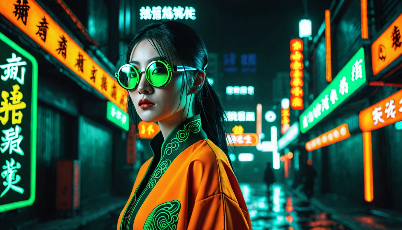 Dark night cyberpunk background,Neon,A woman wearing orange and dark green national style,Chinese clothing,抱着Neon,With round black glasses,Wide-angle shooting,High Definition Rendering,Extreme details
