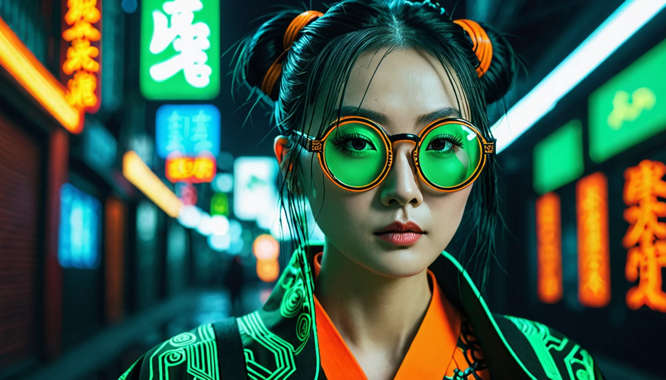 Dark night cyberpunk background，Neon，A woman wearing orange and dark green national style，Chinese clothing，抱着Neon，With round black glasses，Wide-angle shooting，High Definition Rendering，Extreme details