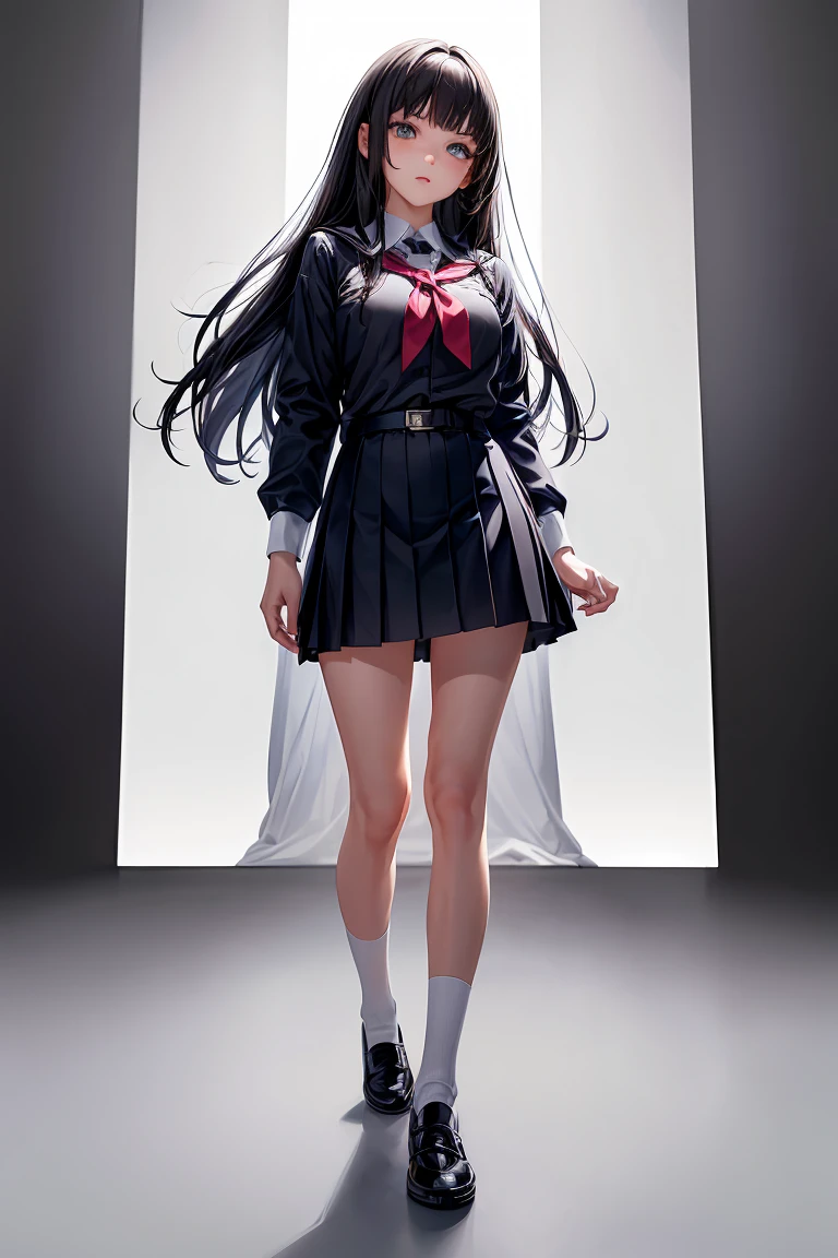 a cut girl with long hair, wearing school uniform, full-body, white background, full body shot:1.12,Detailed face,detailed eyes,detailed nose,detailed mouth,((UHD,masterpiece,super detail,award winning:1.4,best quality:1.2,highres,high quality))