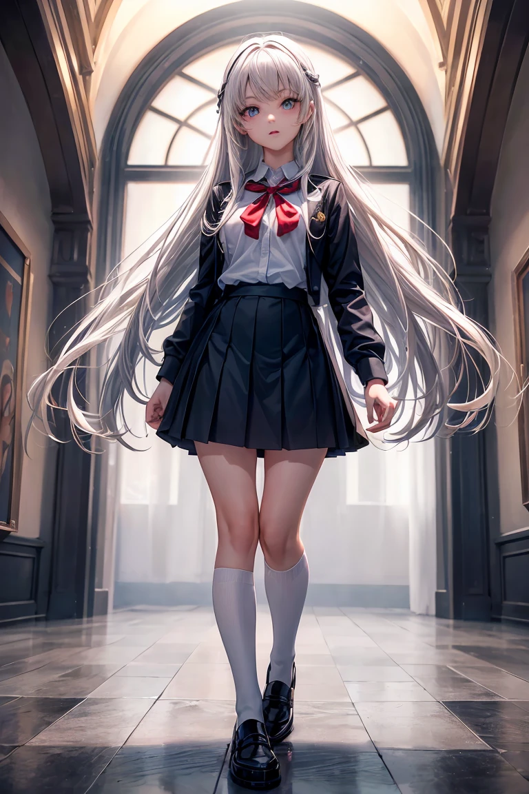 a cut girl with long hair, wearing school uniform, full-body, white background, full body shot:1.12,Detailed face,detailed eyes,detailed nose,detailed mouth,((UHD,masterpiece,super detail,award winning:1.4,best quality:1.2,highres,high quality))