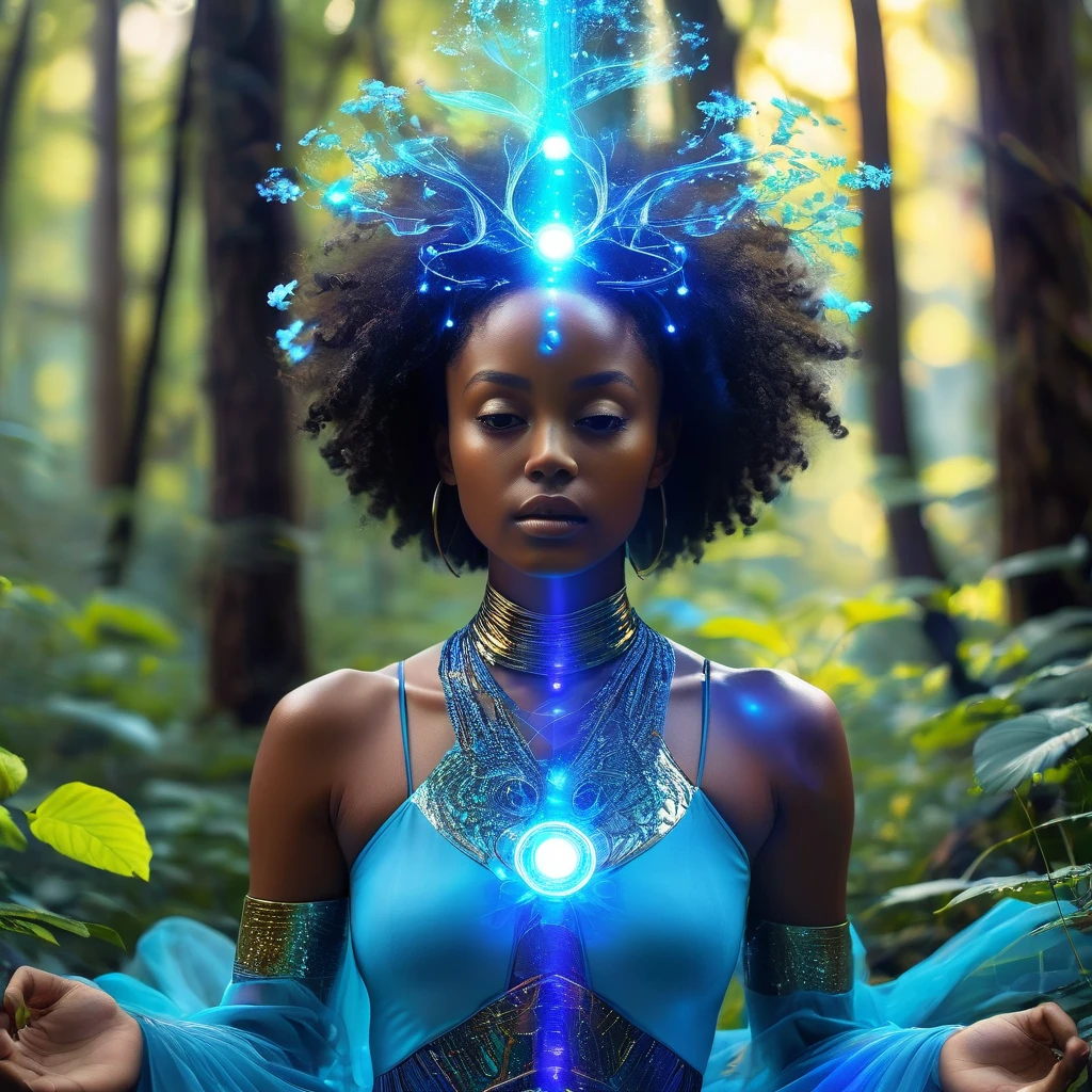 an afro woman meditates in fantasy forest, biohacking, ritualistic, elevated consciousness, radiating rebirth energy, emanating with blue aura, soul frequency, biolusence, afrocentric mysticism, emanating and flowing energy, consciousness rising