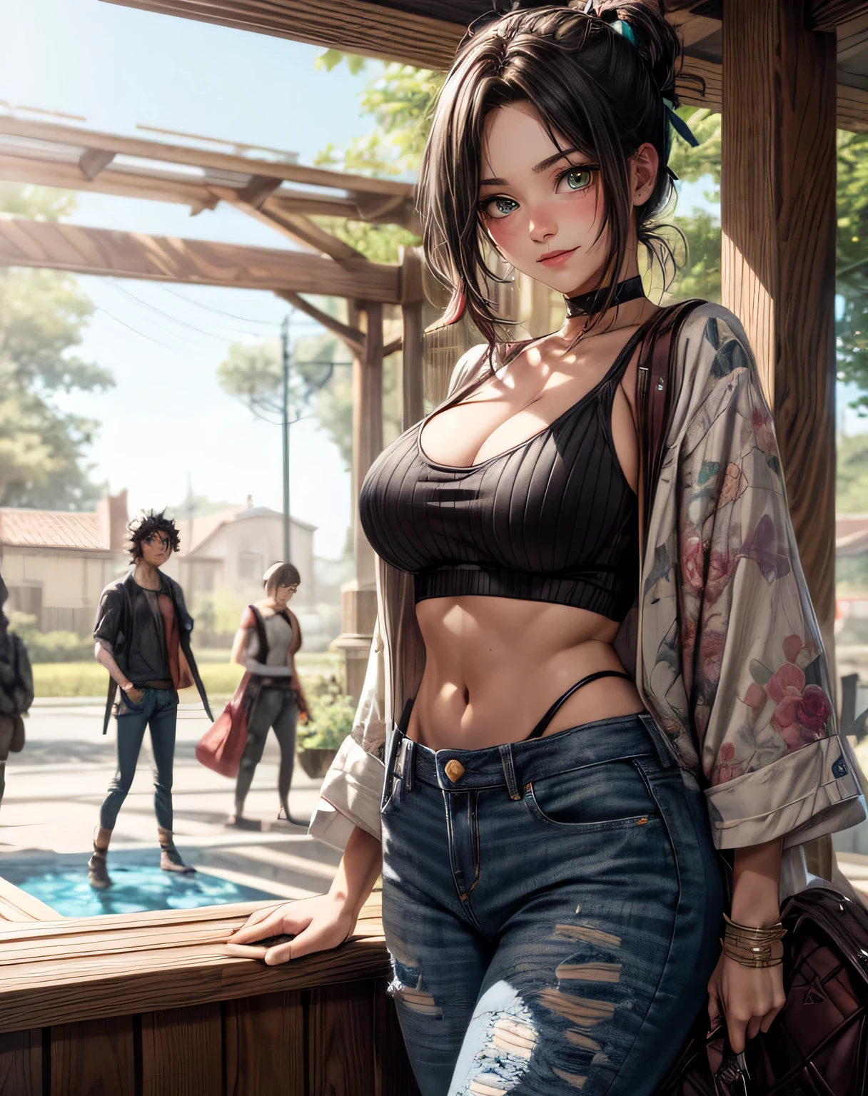 masterpiece, absurdres , (intricate details), (colorful),cinematic lighting,bust shot,extremely detailed CG unity 8k wallpaper,tenten\(shippuden\), 1girl, solo, large breasts, forehead protector, konohagakure symbol, headband, looking at viewer, poolside, white tank top, ripped jeans, midriff, standing, smile, (blushing), cleavage,