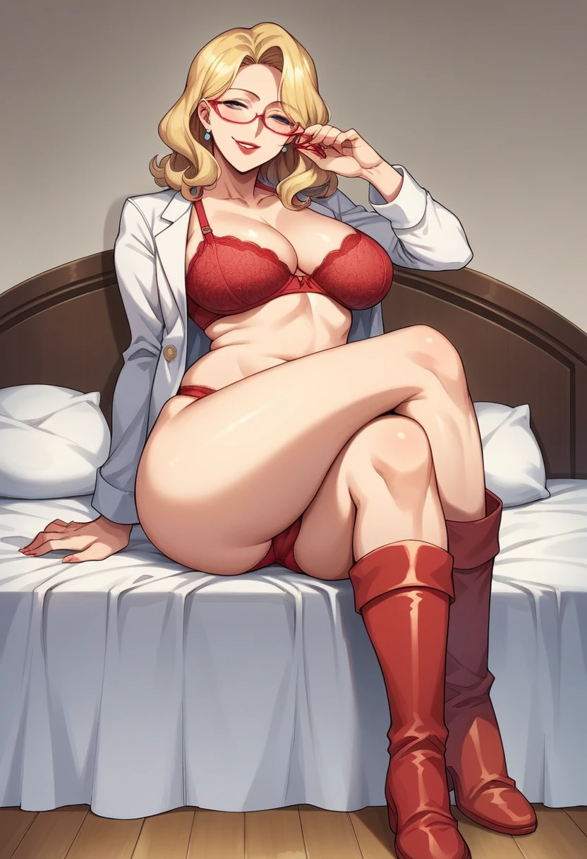 score_9, score_8_up, score_7_up, source_anime, rating_explicit, milf woman, Shion Karanomori based, blonde short wavy hair, encorped, white jacket, red boots, naughty smile, red glasses, red liptcik, red bra, red panties, sit, crossed legs, in bed,  room background, milf

