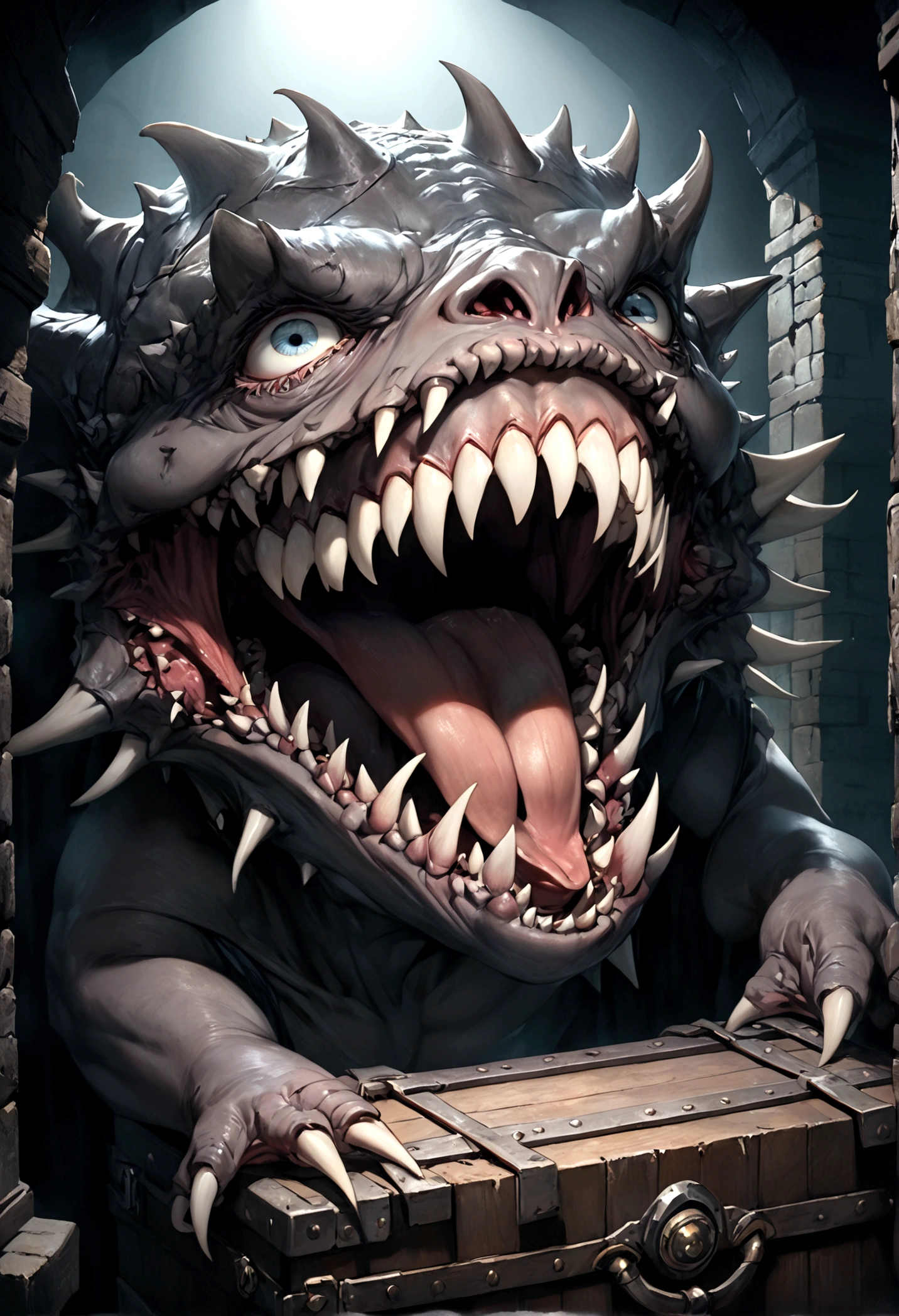 A chest in a dungeon, fantasy dungeon, dungeon chest, chest with eye stalks, chest yawning, toothy maw, detailed fantasy illustration, highly detailed, cinematic lighting, dramatic lighting, dark moody atmosphere, deep shadows, intricate details, grotesque, unsettling, sinister, (best quality,4k,8k,highres,masterpiece:1.2),ultra-detailed,(realistic,photorealistic,photo-realistic:1.37)
