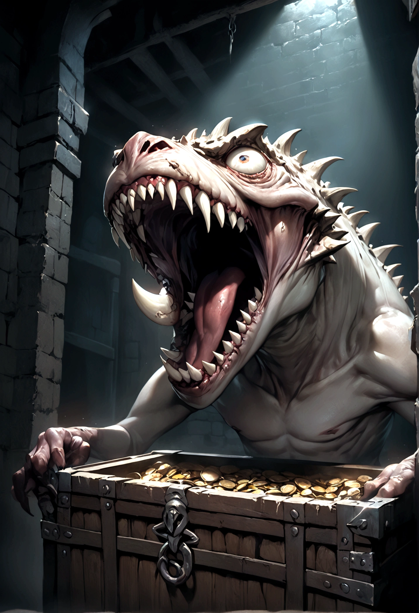 A chest in a dungeon, fantasy dungeon, dungeon chest, chest with eye stalks, chest yawning, toothy maw, detailed fantasy illustration, highly detailed, cinematic lighting, dramatic lighting, dark moody atmosphere, deep shadows, intricate details, grotesque, unsettling, sinister, (best quality,4k,8k,highres,masterpiece:1.2),ultra-detailed,(realistic,photorealistic,photo-realistic:1.37)