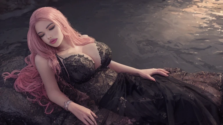 a woman with long elegant pink hair, extremely detailed and beautiful face, beautiful and detailed eyes, beautiful and detailed lips, long eyelashes, high resolution, intricate details, 8k, hyper detailed, chiaroscuro lighting, soft lighting, dramatic lighting, melancholic, serene, elegant, sensual, attractive, graceful, translucent black , sheer blouse, large , deirade in a river, up, lush environment, ambient lighting, photographic, high quality, masterpiece, dramatic, cinematic, beautiful