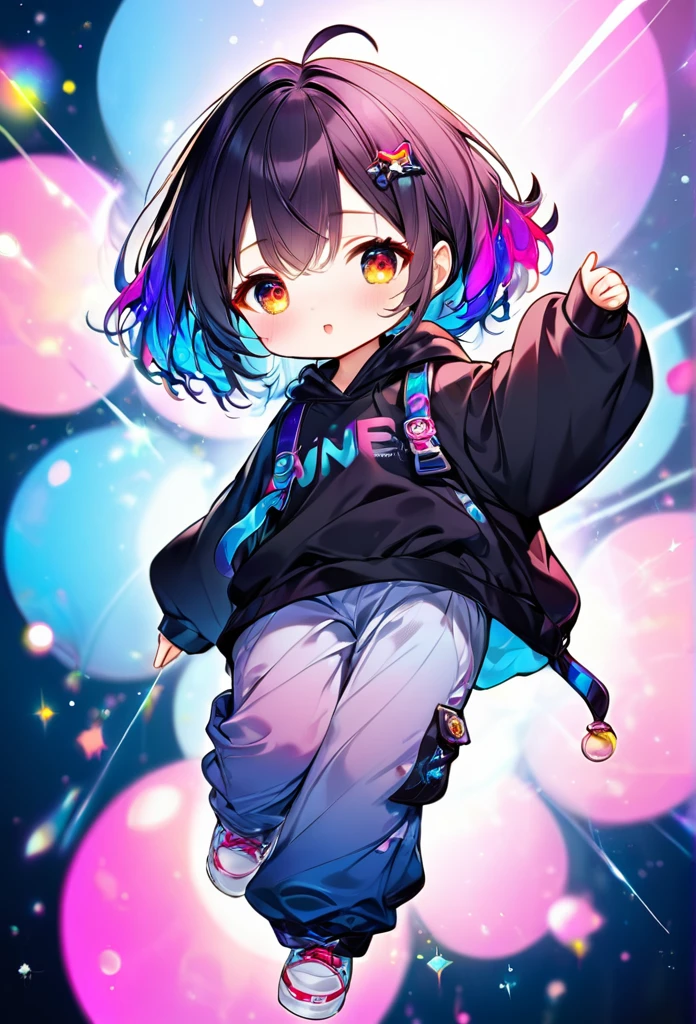 best quality, incredibly absurdres, extremely detailed, 2.5D, delicate and dynamic, chibi, cute girl, wearing baggy clothes, baggy pants, sparkly and vivid color effects, background another dimension