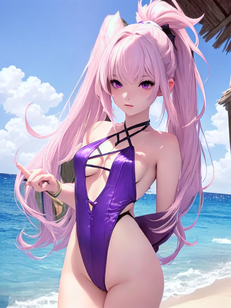 Sexy Rabbit Girl With Pink Ears Purple eyes Wearing a swimsuit with the body of a final fantasy 14 character, beautiful and sexy on a paradisic beach with a little ponytail and a strand of hair in her hair and white highlights, smaller eyes and also with black eye makeup that makes her look very beautiful su pelo es casi corto y tiene rayitos blancos esparcidos que se vea igualita a la imagen bien definida que tenga el mismo pelo de la imagen y un lunar en la cara pequeño como el de la imagen ponle mas detalles impresionantes a la playa.
