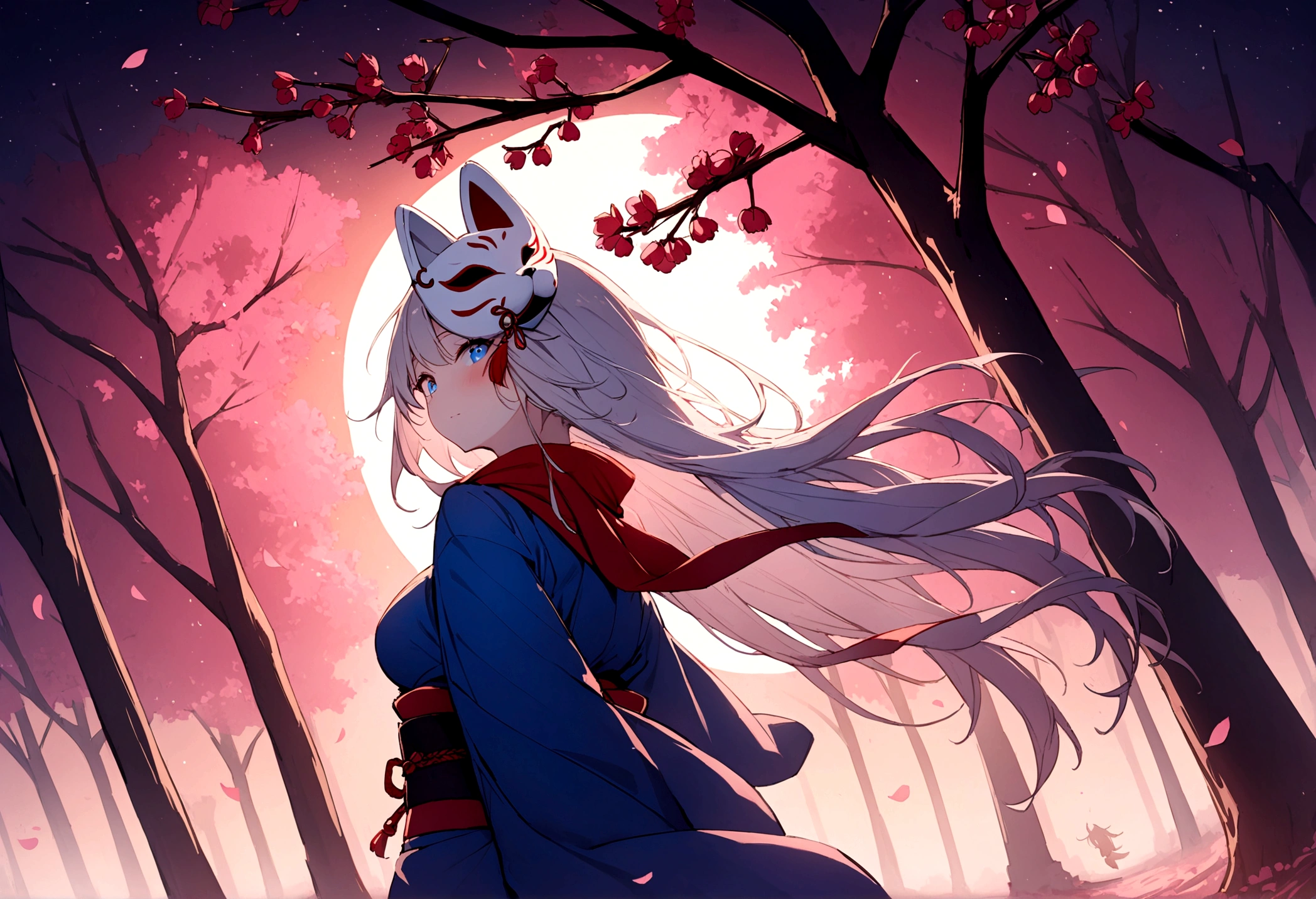 Climbing a cherry tree、(masterpiece, best quality:1.2), 1girl, 独奏,Wolf girl, fox mask, ninja, girl, long white hair, odd eyes, blue kimono, ninja girl, red and blue scarf,Dancing Cherry Blossoms,Full moon backlighting, light coming in, fantastic atmosphere.night、Shadows of light and darkness、Eyes glowing in the dark、Black fox mask、Fisheye Lens、Expansive starry sky、long hair that spreads、Overlooking the city from atop a large cherry tree、Aside exposure、Black fox mask