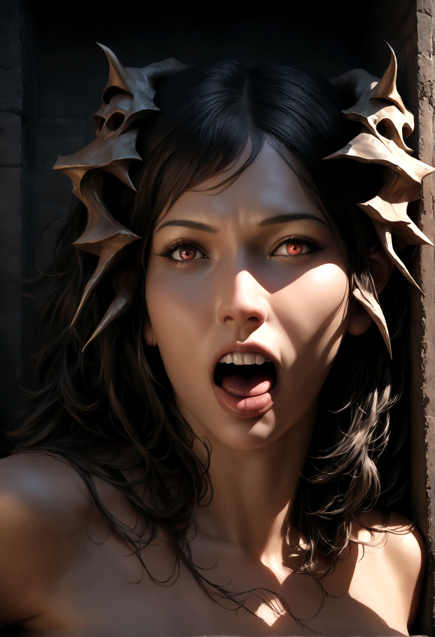 A chest in a dungeon, fantasy dungeon, dungeon chest, chest with eye stalks, chest yawning, toothy maw, detailed fantasy illustration, highly detailed, cinematic lighting, dramatic lighting, dark moody atmosphere, deep shadows, intricate details, grotesque, unsettling, sinister, (best quality,4k,8k,highres,masterpiece:1.2),ultra-detailed,(realistic,photorealistic,photo-realistic:1.37)