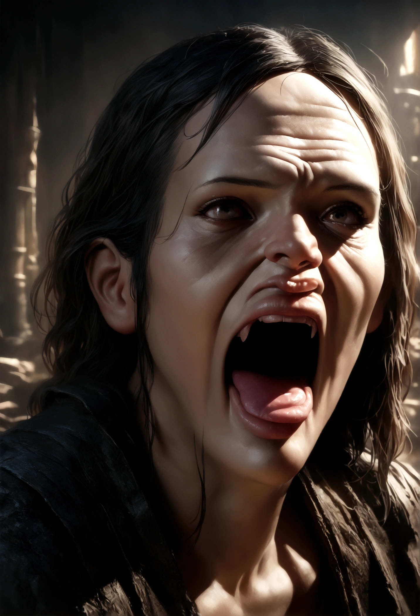 A chest in a dungeon, fantasy dungeon, dungeon chest, chest with eye stalks, chest yawning, toothy maw, detailed fantasy illustration, highly detailed, cinematic lighting, dramatic lighting, dark moody atmosphere, deep shadows, intricate details, grotesque, unsettling, sinister, (best quality,4k,8k,highres,masterpiece:1.2),ultra-detailed,(realistic,photorealistic,photo-realistic:1.37)