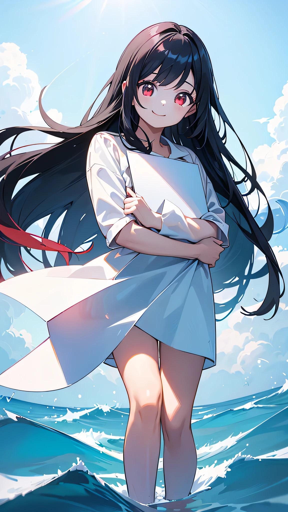 a beautiful young girl with long black hair and bright red eyes, wearing a swimsuit and standing with a bright smile, (((holding a white paper up towards the viewer))), set against a backdrop of a blue ocean and sky with shimmering light reflections on the water
