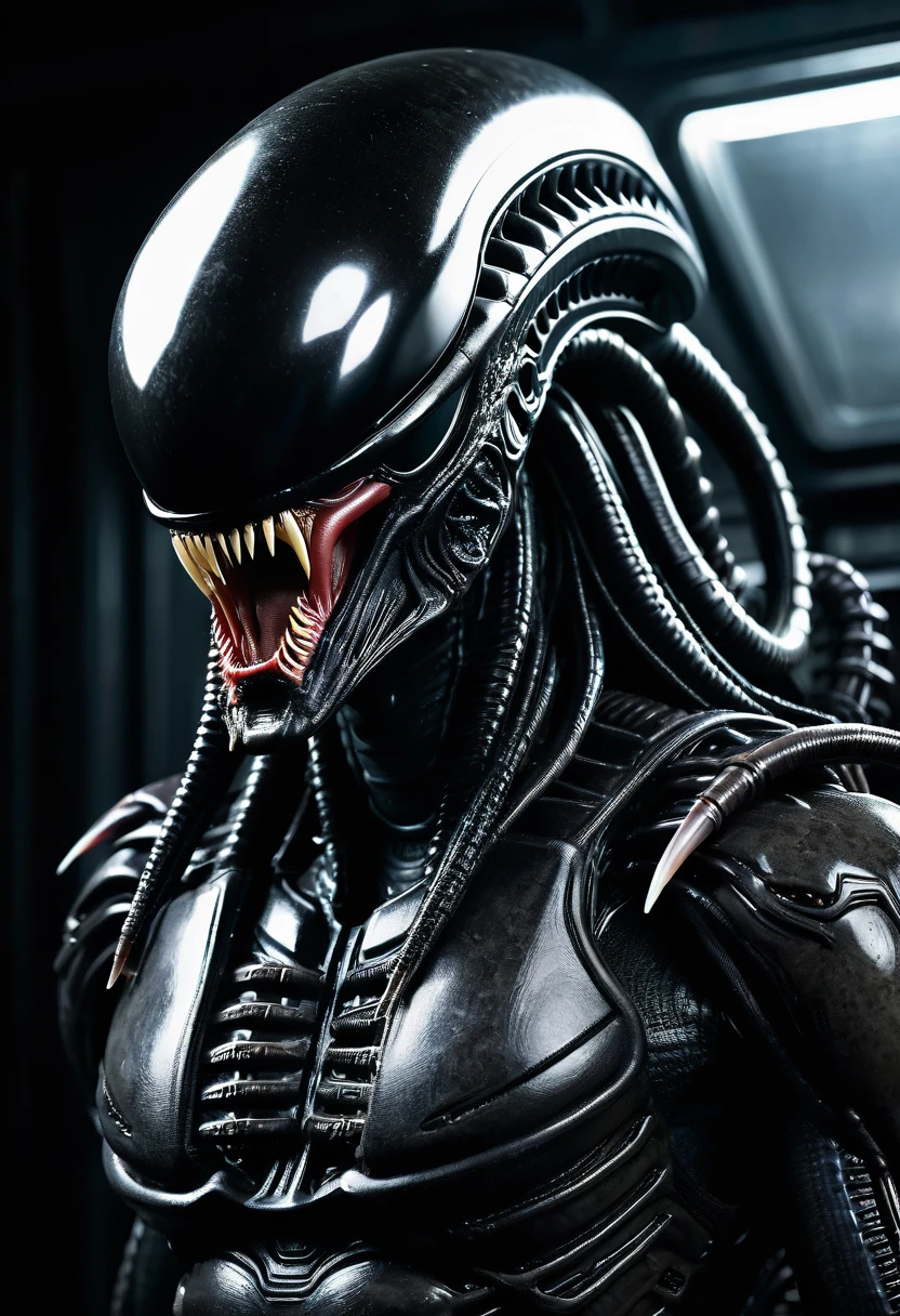 (((Very close up (((Predator fusion Xenomorph Alien the eighth passenger))),(((black color))) surreal and cinematographic images Color Splash images))),(((Front Images))),(((dreadlocks)))