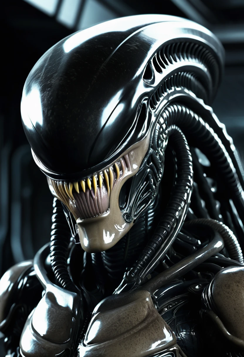 (((Very close up (((Predator fusion Xenomorph Alien the eighth passenger))),(((black color))) surreal and cinematographic images Color Splash images))),(((Front Images))),(((dreadlocks)))