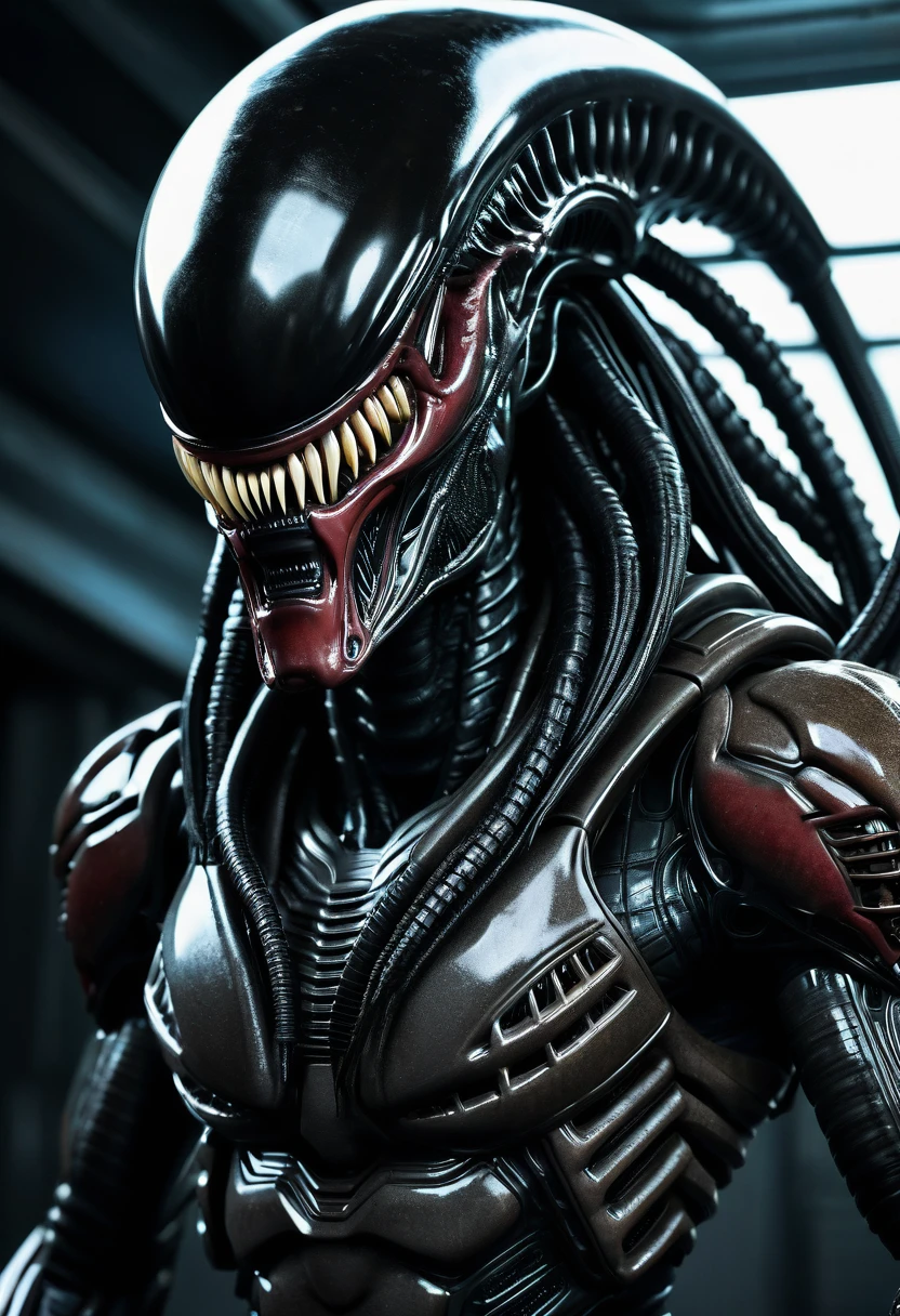 (((Very close up (((Predator fusion Xenomorph Alien the eighth passenger))),(((black color))) surreal and cinematographic images Color Splash images))),(((Front Images))),(((dreadlocks)))