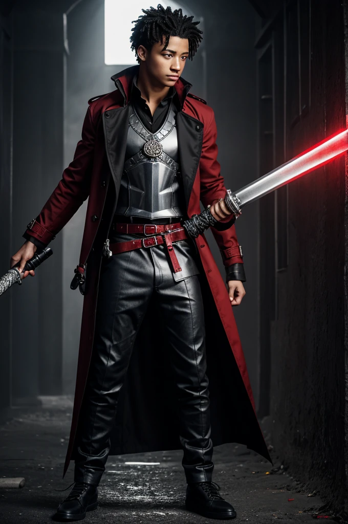 Make me a complete image of a 16-year-old boy, light skin, black hair with red tips, red eyes with yellow slanted pupils, he has a black trench coat with runes and metal plates, under it a blue shirt, black pants , black shoes and on his back a black sword with some red marks on the edge, the silver hilt, the red and black magician and the silver pommel.