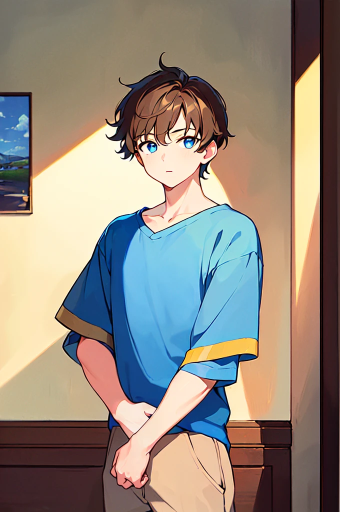 [(Vintage Room BACKGROUND:1.5),::5], (((masterpiece))), high quality, very_high_resolution, large_filesize, full color, Solo, (1 little boy), 13 old year, (men's short brown hair), vivid color, Blue eye, Vintage clothes, upper body, anime style
