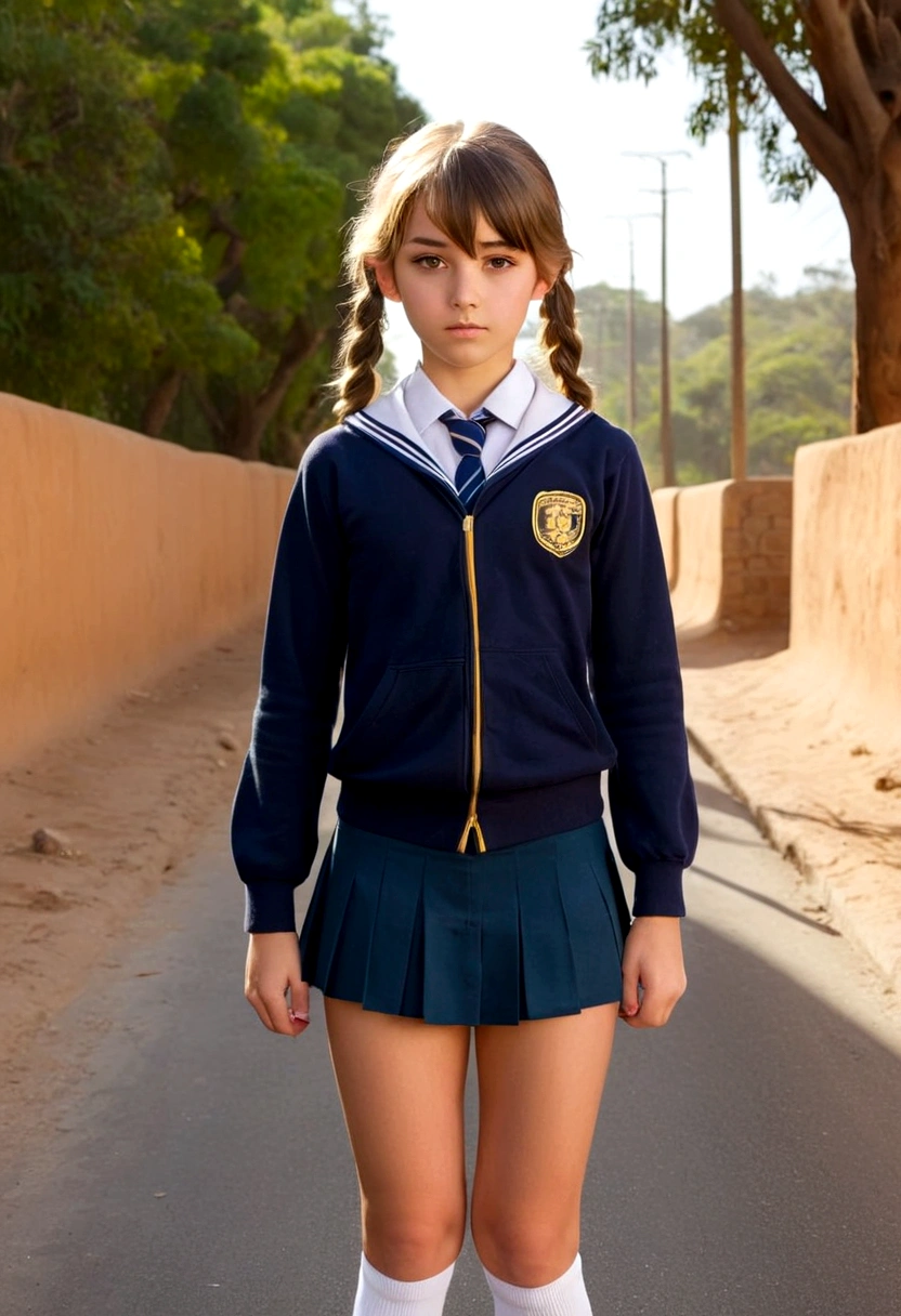 Cute teen girl standing split in uniform on the way to school. Cameltoe cuteness Overload