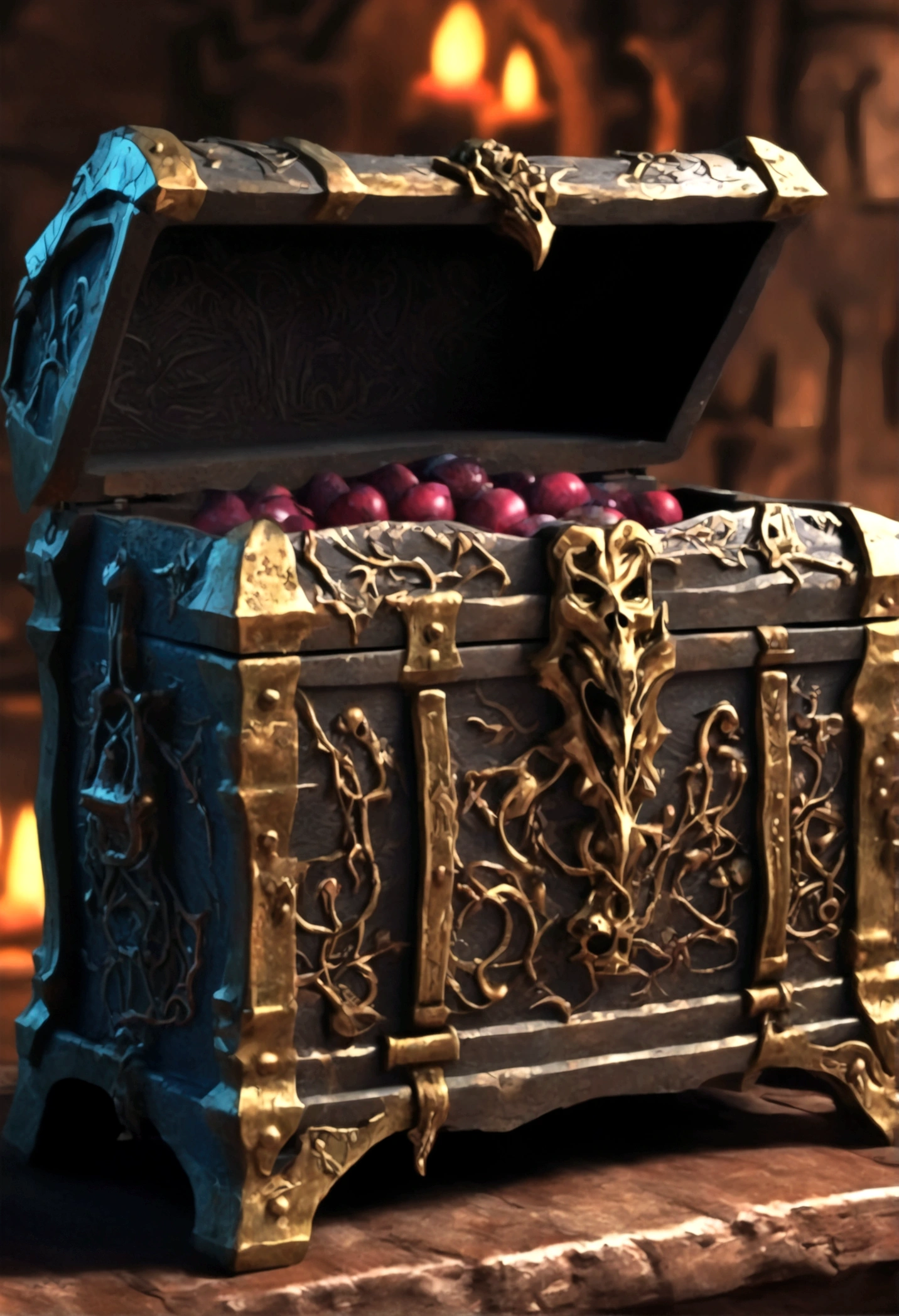 A chest in a dungeon, fantasy dungeon, dungeon chest, chest with eye stalks, chest yawning, toothy maw, detailed fantasy illustration, highly detailed, cinematic lighting, dramatic lighting, dark moody atmosphere, deep shadows, intricate details, grotesque, unsettling, sinister, (best quality,4k,8k,highres,masterpiece:1.2),ultra-detailed,(realistic,photorealistic,photo-realistic:1.37)