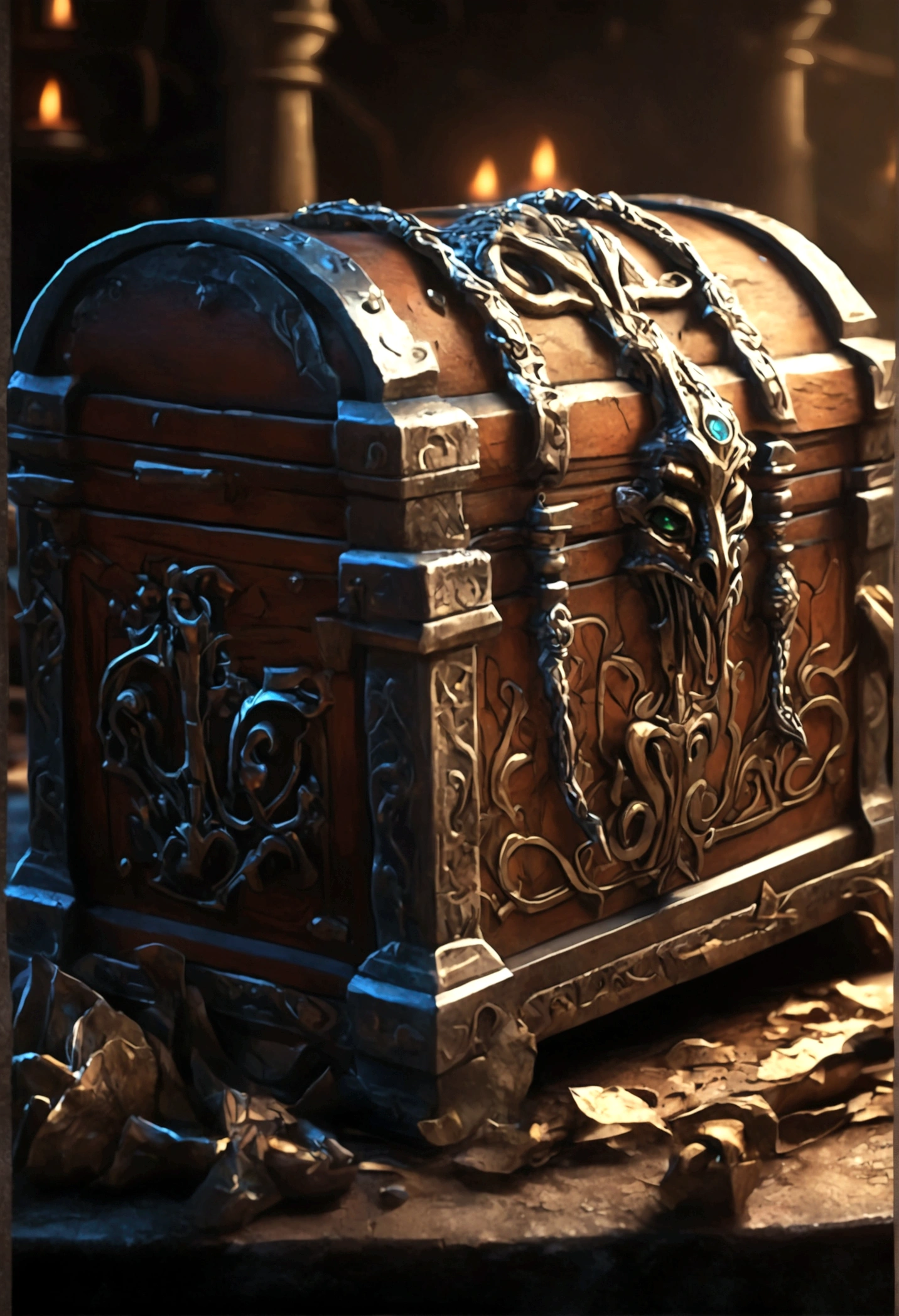 A chest in a dungeon, fantasy dungeon, dungeon chest, chest with eye stalks, chest yawning, toothy maw, detailed fantasy illustration, highly detailed, cinematic lighting, dramatic lighting, dark moody atmosphere, deep shadows, intricate details, grotesque, unsettling, sinister, (best quality,4k,8k,highres,masterpiece:1.2),ultra-detailed,(realistic,photorealistic,photo-realistic:1.37)