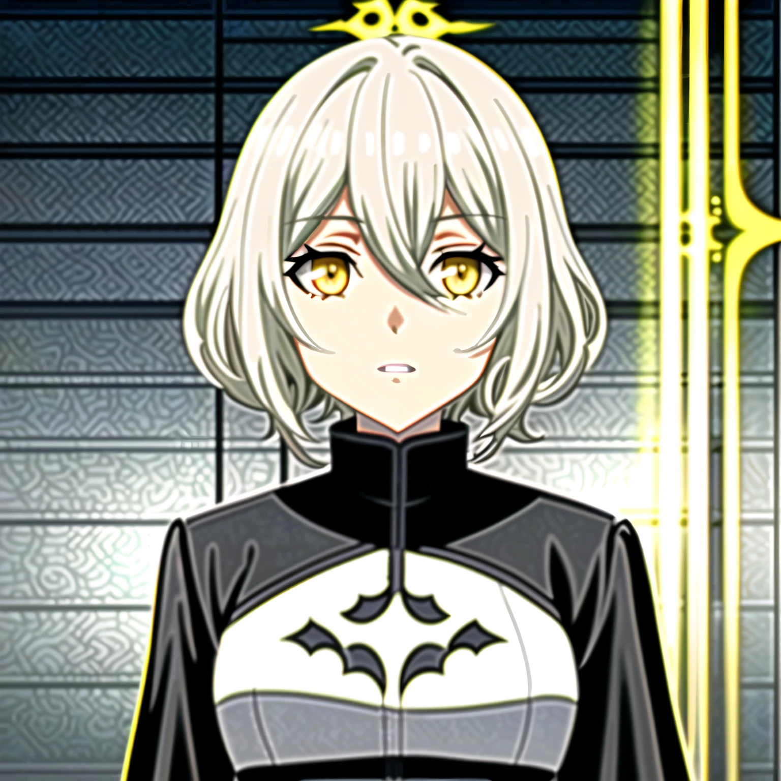 (high-quality, breathtaking),(expressive eyes, perfect face) 1girl, female , solo, portrait, Symmetrical Eyes, white hair color, yellow eye color, short hair length, curly wavy hair, Code Vein, Code Vein game character, Code Vein Clothing, Code Vein revenant, God Eater inspired clothing, shirt, cloak, grey background, modern fantasy clothing