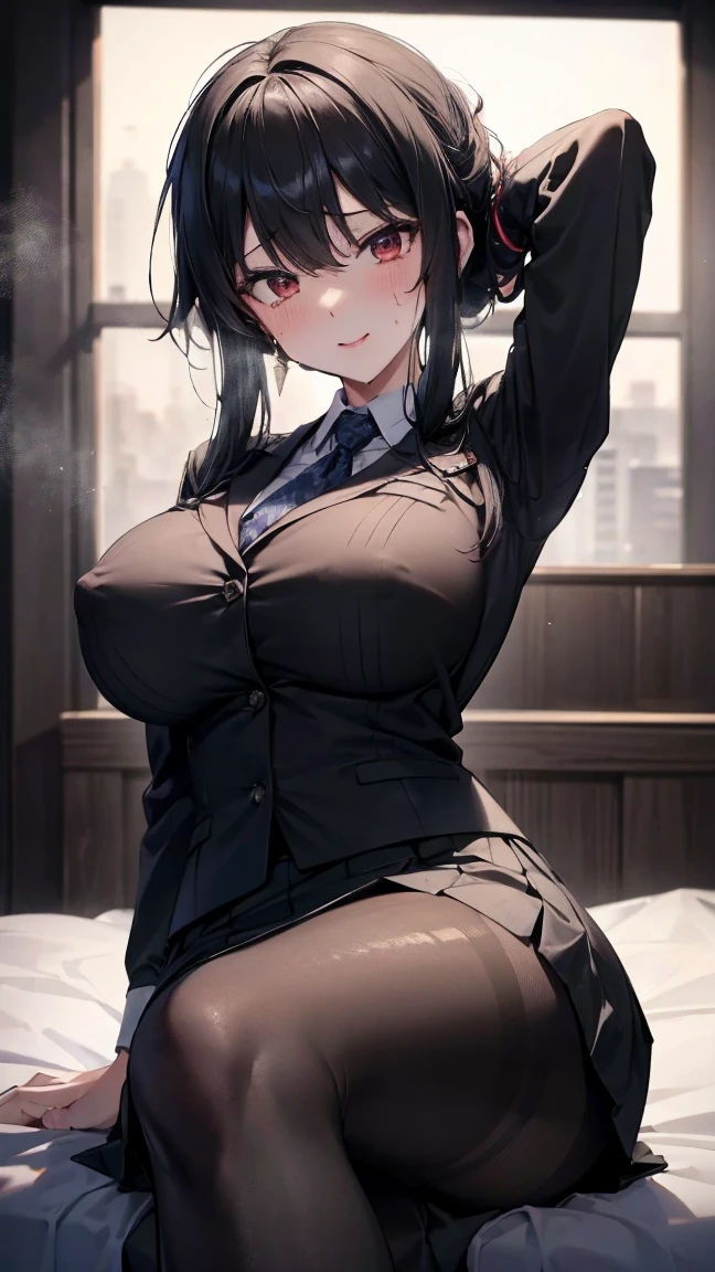 (masterpiece）、（Best image quality）、（Very detailed）、（Very detailed）、4K、（8K）、Best image quality、（beautiful）, 1 Girl,Huge breasts、Thick thighs,smile、Noise Reduction､Emphasis on the crotch､Breast Augmentation,(Black Pantyhose:1.2),The chest is exposed,(nsfw :1.3) ,Leg spread,pubic hair,Sweating,skirt,(business suit:1.2),Are standing