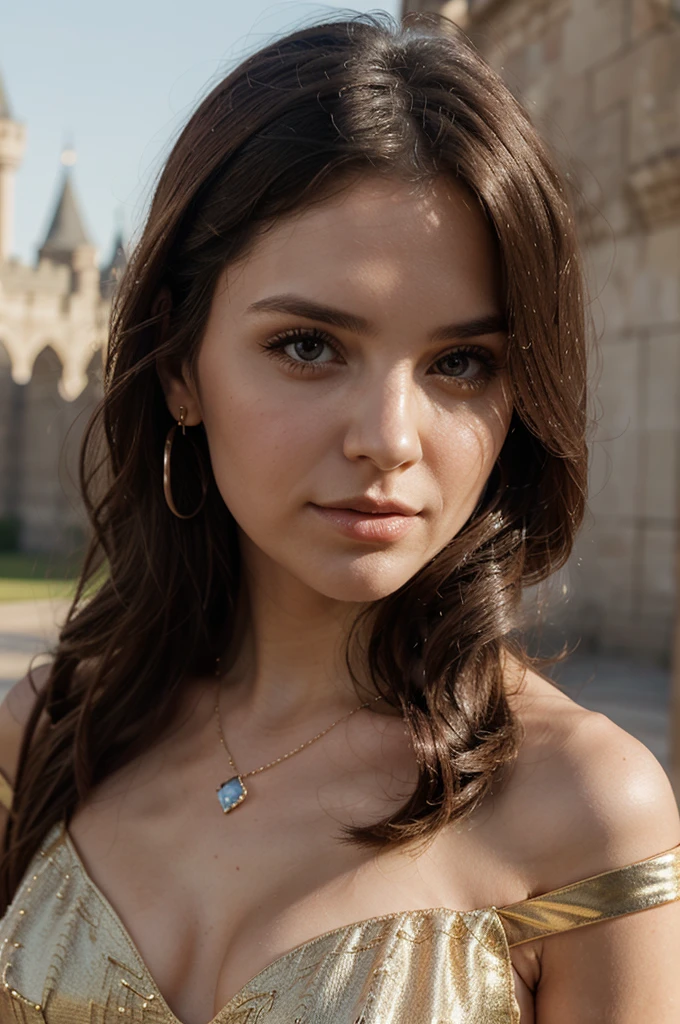 1girl in, 30 years old, Square face, Long hair, Looking at viewer, jewelry, Realistic, Sexy, princess outfit, castle background, free pose