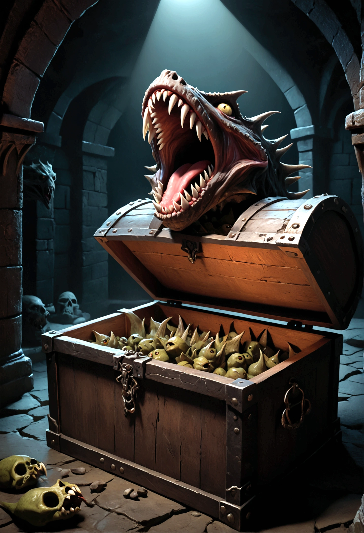 A chest in a dungeon, fantasy dungeon, dungeon chest, chest with eye stalks, chest yawning, toothy maw, detailed fantasy illustration, highly detailed, cinematic lighting, dramatic lighting, dark moody atmosphere, deep shadows, intricate details, grotesque, unsettling, sinister, (best quality,4k,8k,highres,masterpiece:1.2),ultra-detailed,(realistic,photorealistic,photo-realistic:1.37)