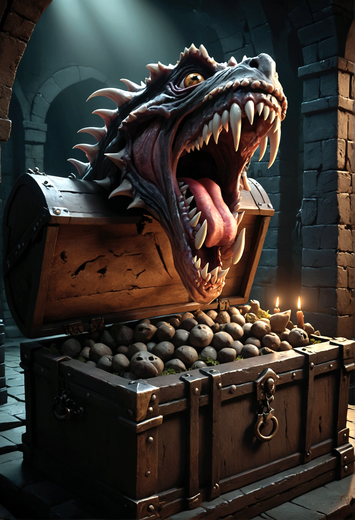 A chest in a dungeon, fantasy dungeon, dungeon chest, chest with eye stalks, chest yawning, toothy maw, detailed fantasy illustration, highly detailed, cinematic lighting, dramatic lighting, dark moody atmosphere, deep shadows, intricate details, grotesque, unsettling, sinister, (best quality,4k,8k,highres,masterpiece:1.2),ultra-detailed,(realistic,photorealistic,photo-realistic:1.37)
