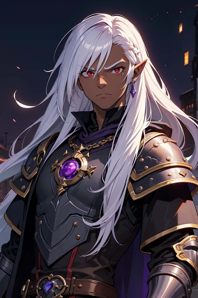 masterpiece, best quality, ultra high res, 1boy, (mix between dungeonpunk and steampunk armor), (wearing armor)fantasy illustration, dark skinned, human, upper body, portrait, red eyes, long white hair, Xemnas from Kingdom Hearts, half-drow, pointy ears, serious face, young man, dramatic lighting, purple hue, art by Kinema Citrus and Tetsuya Nomura