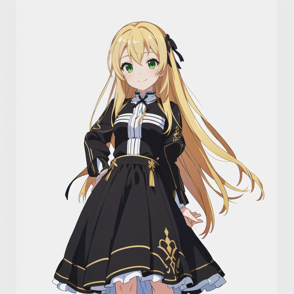 Highest quality, high resolution, High quality anime art style, Official Art, Smooth anime CG art, Stylized anime, Cute 3D anime girl render, Visual Novel Sprites, White background, whole body, Anime-style 3D, Smooth anime CG art, Humanoid Girl, JRPG Characters, Anime girl with long hair and black dress with ribbon, smile, Green Eyes, Golden Hair, Long Hair, Lori, Small Bust, Small breasts, 15 years old