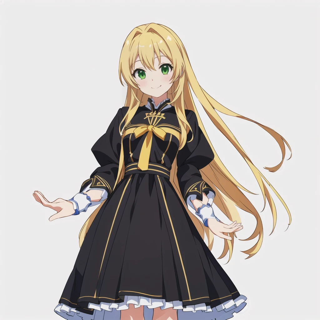 Highest quality, high resolution, High quality anime art style, Official Art, Smooth anime CG art, Stylized anime, Cute 3D anime girl render, Visual Novel Sprites, White background, whole body, Anime-style 3D, Smooth anime CG art, Humanoid Girl, JRPG Characters, Anime girl with long hair and black dress with ribbon, smile, Green Eyes, Golden Hair, Long Hair, Lori, Small Bust, Small breasts, 15 years old