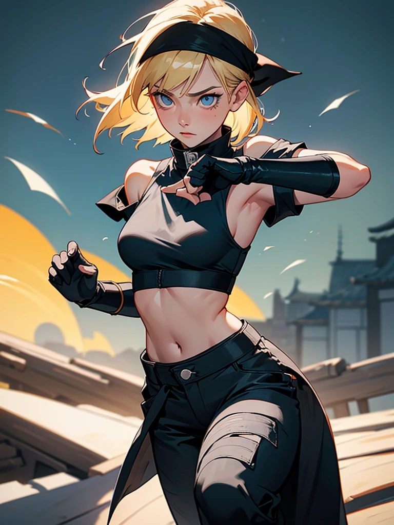 young girl, Blonde, blue eyes, bangs, short shoulder length hair, makeup, big breasts, small waist, flat stomach, Wide hips, ninja, loose black pants, below the waist, foot bandages, white cropped t-shirt, short sleeves, gloves, ninja style, konoha bandana on the waist, Leaf Village, stop looking at the village, perfect lighting, detailed shadows, high quality, HD, 4k, Naruto, Masterpiece, ninja style