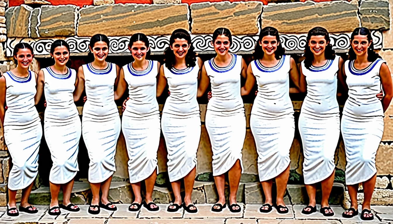 {{a black and white drawing}}, you are greeted by a group of balding men and plump matrons, who drag you to their table and ply you with wine and questions. The innkeeper retreats, mollified, and you sip at the spicy wine, wondering who these people are. Then you recognize them: these are the youths and maidens who accompanied you to Knossos and whom you saved from the Minotaur.
But time has wrought its revenges. The youthful muscles have turned to fat, the bronzed flesh to paunches. The men are balding or greying, and the women's dimples have turned to wrinkles. From what they say, you learn that the city has ignored them. None of them received a hero's welcome and One of the youths has been stoned. Now they have sunk into sullen reminiscences about glorious days long ago; seven and a half years after coming home, the six surviving youths and five maidens of Athens are still fighting the darkness of Knossos.
The girl who reminded you of your mother smiles, and something in the toothless grin,